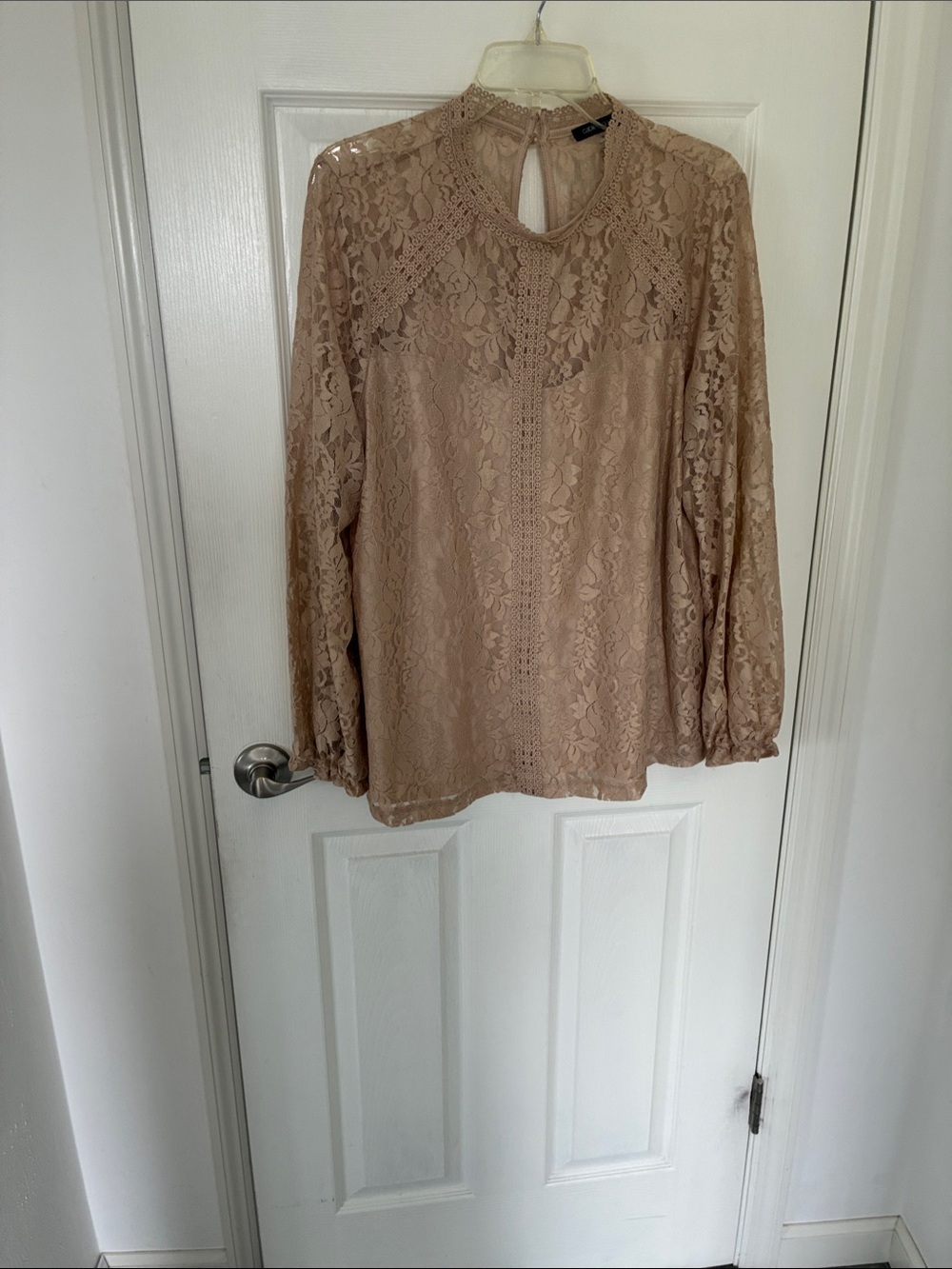 Taupe Floral Lace High-Neck Blouse cable and Gable